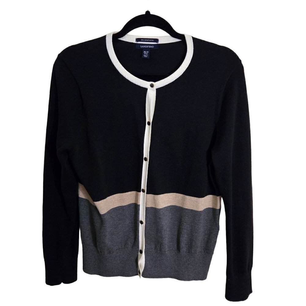 Lands' End Classic Supima Cotton Neutral Colorblock Cardigan Sweater Size M